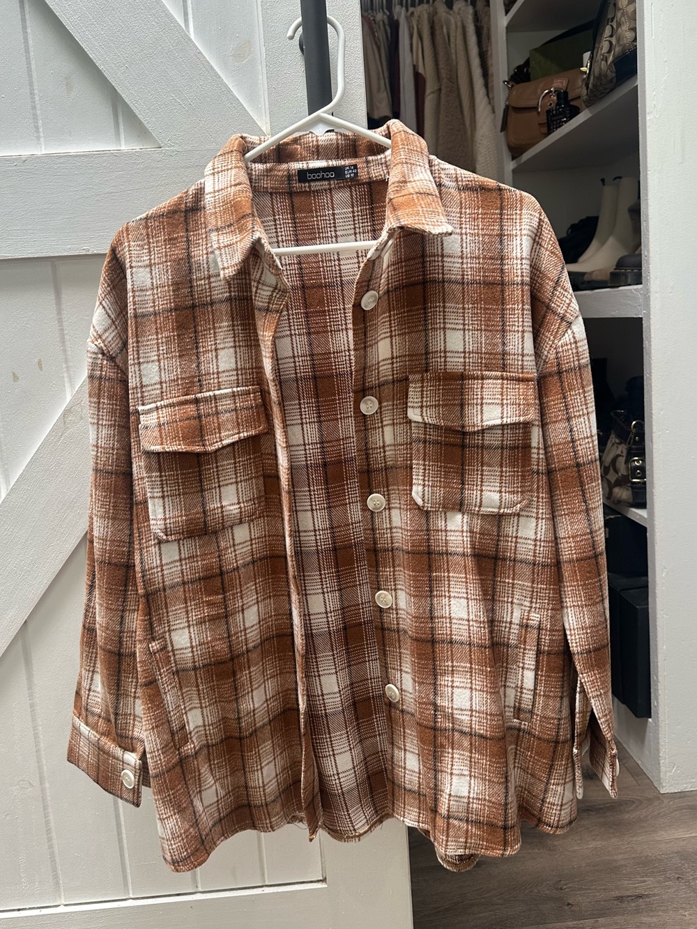 Cozy Plaid Button-Up Shacket in Brown and Cream